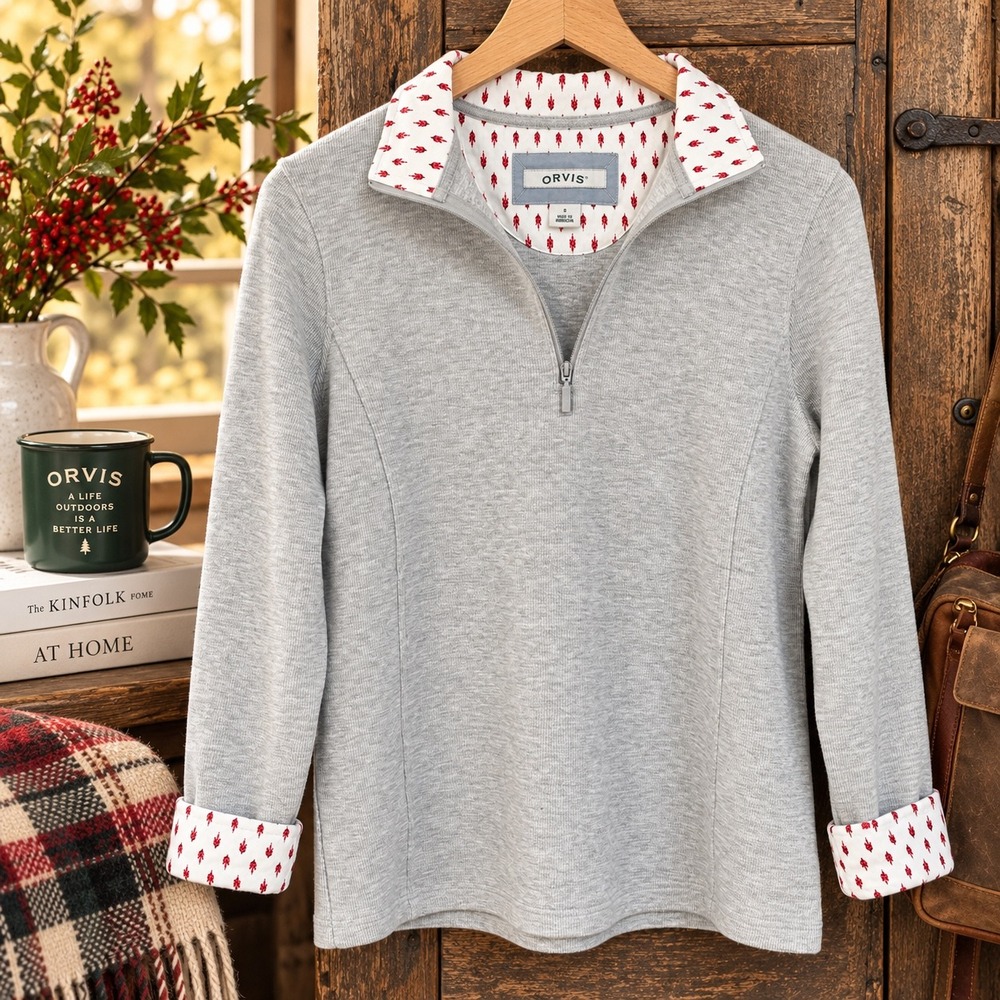 Orvis Women Size S Gray Ribbed Quarter Zip Pullover Contrast Leaf Print Trim